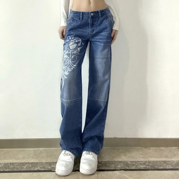 Source Unknown Denim - Women Low Rise Washed Baggy Jeans Heart Floral Graffiti Wide Leg Denim Sz Sm